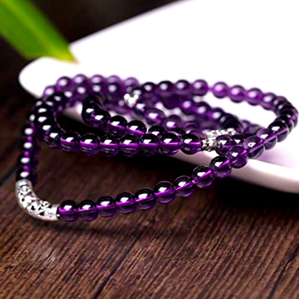 BUDHASTONE 108 Amethyst Prayer Beads Mala Bracelet/ Necklace 925 Silver Flower